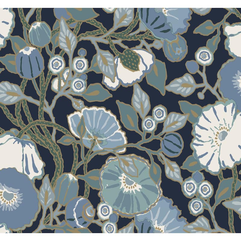 Omaha Vincent Poppies 27 in. x 27 ft. = 60.75 sq. ft Wallpaper Roll - Black, Blue