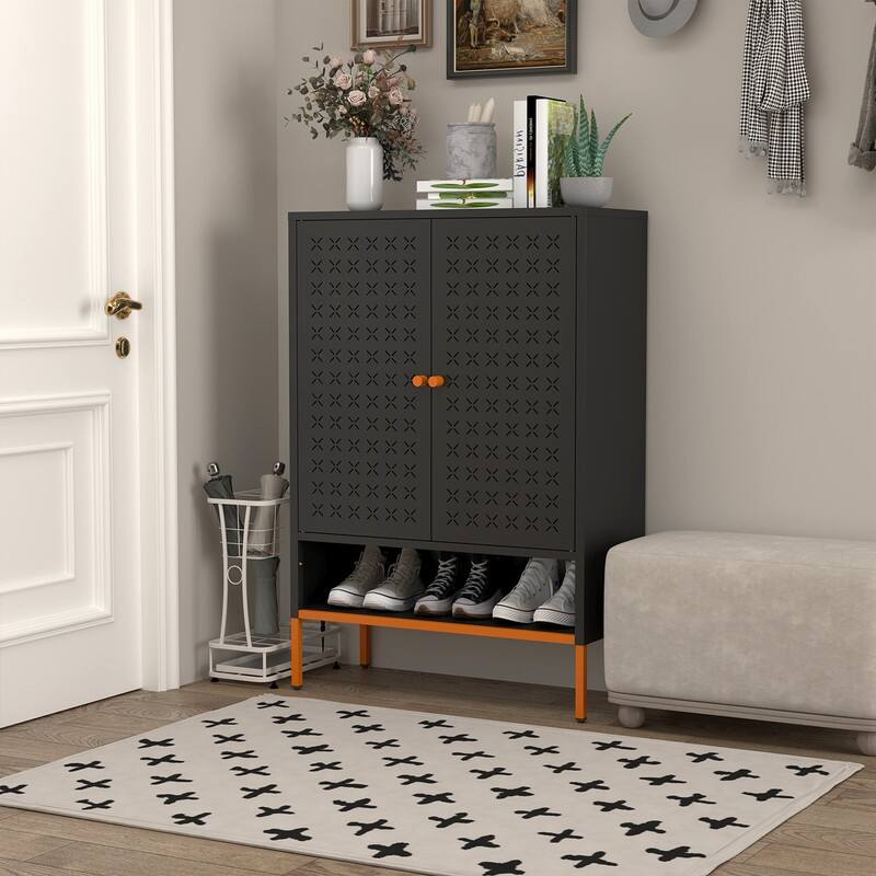 Grid Double Door Shoe Cabinet with Adjustable Shelves and Moisture-Proof Base - Black
