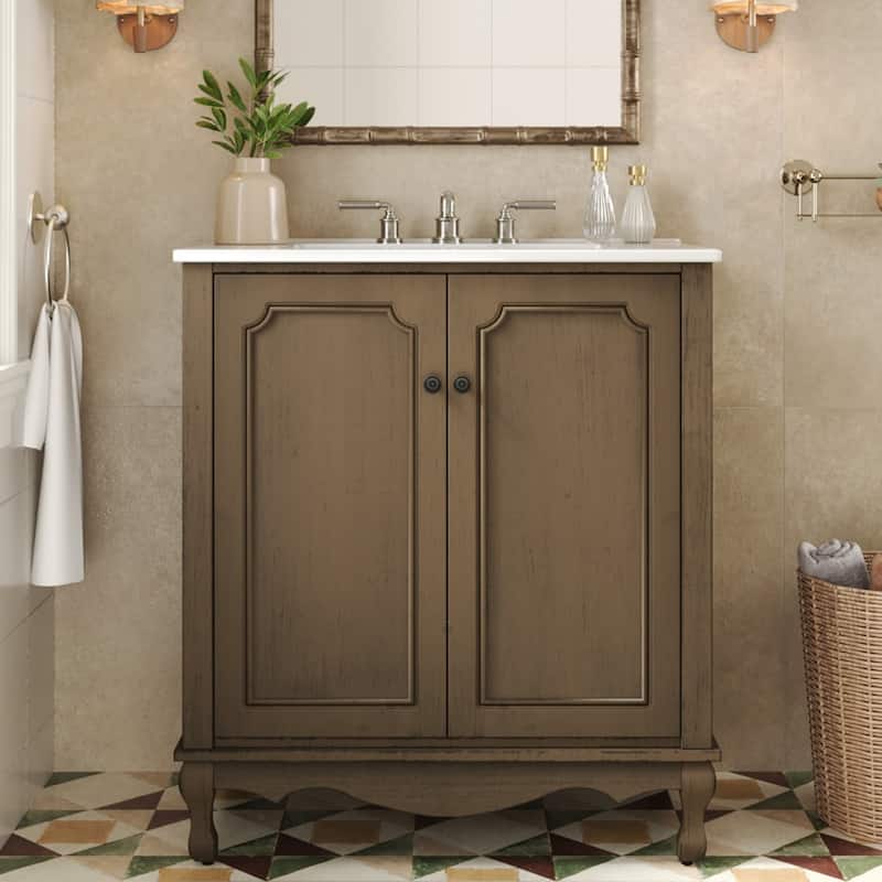 Christopher Knight Home - 30" Vintage Bathroom Vanity with Ceramic Sink & Adjustable Storage Shelves - 30" Antique brown