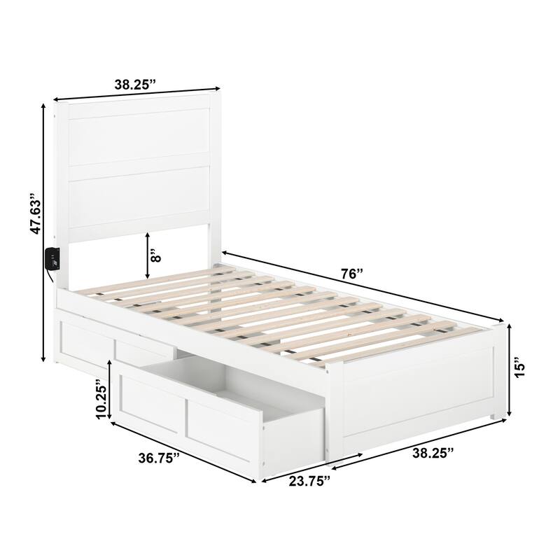 NoHo Twin Bed with Footboard and 2 Drawers in White