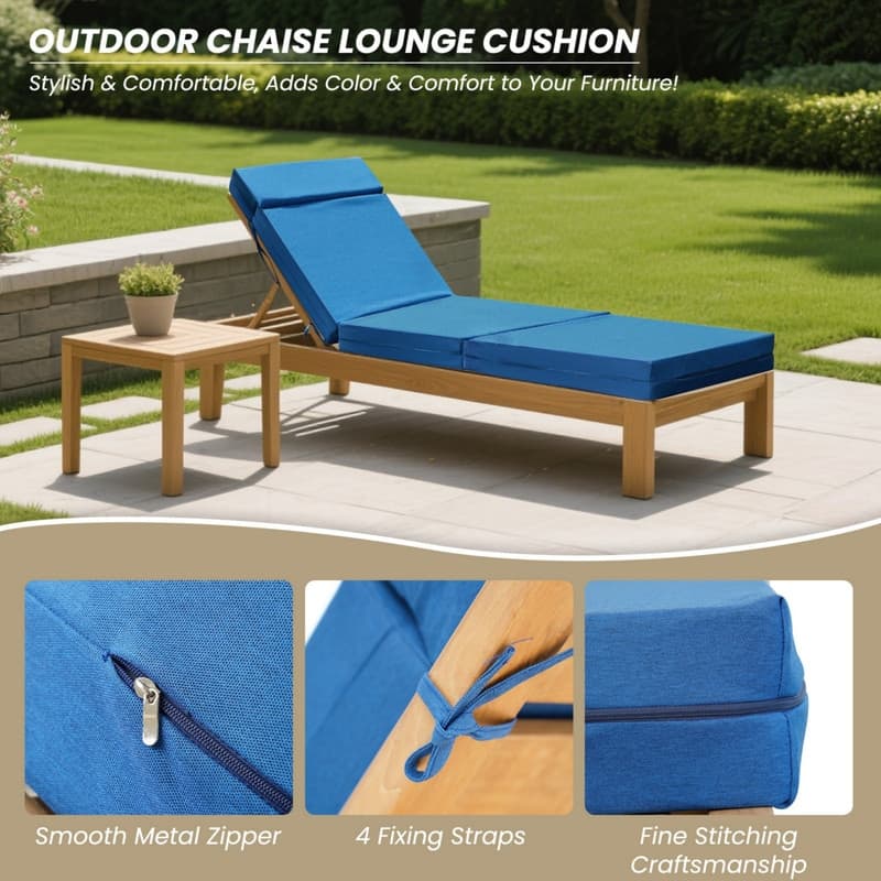 2 Pcs Chaise Lounge Cushions Outdoor, Removable Cover, Beige/Blue