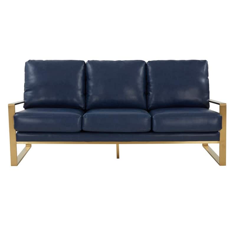 Jefferson Modern Leather Upholstered 3 Seater Loveseat Sofa Chair in Brushed Gold Steel Base with Armrest Removable Cushion
