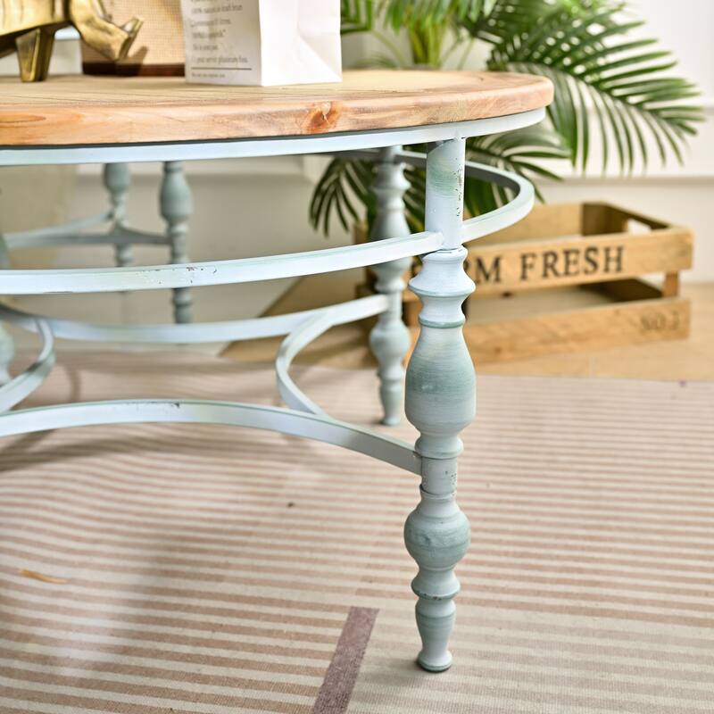 Rustic Wooden Carved Coffee Table with Metal Legs, Side Table Tea Table Center Table Sofa Table End Table