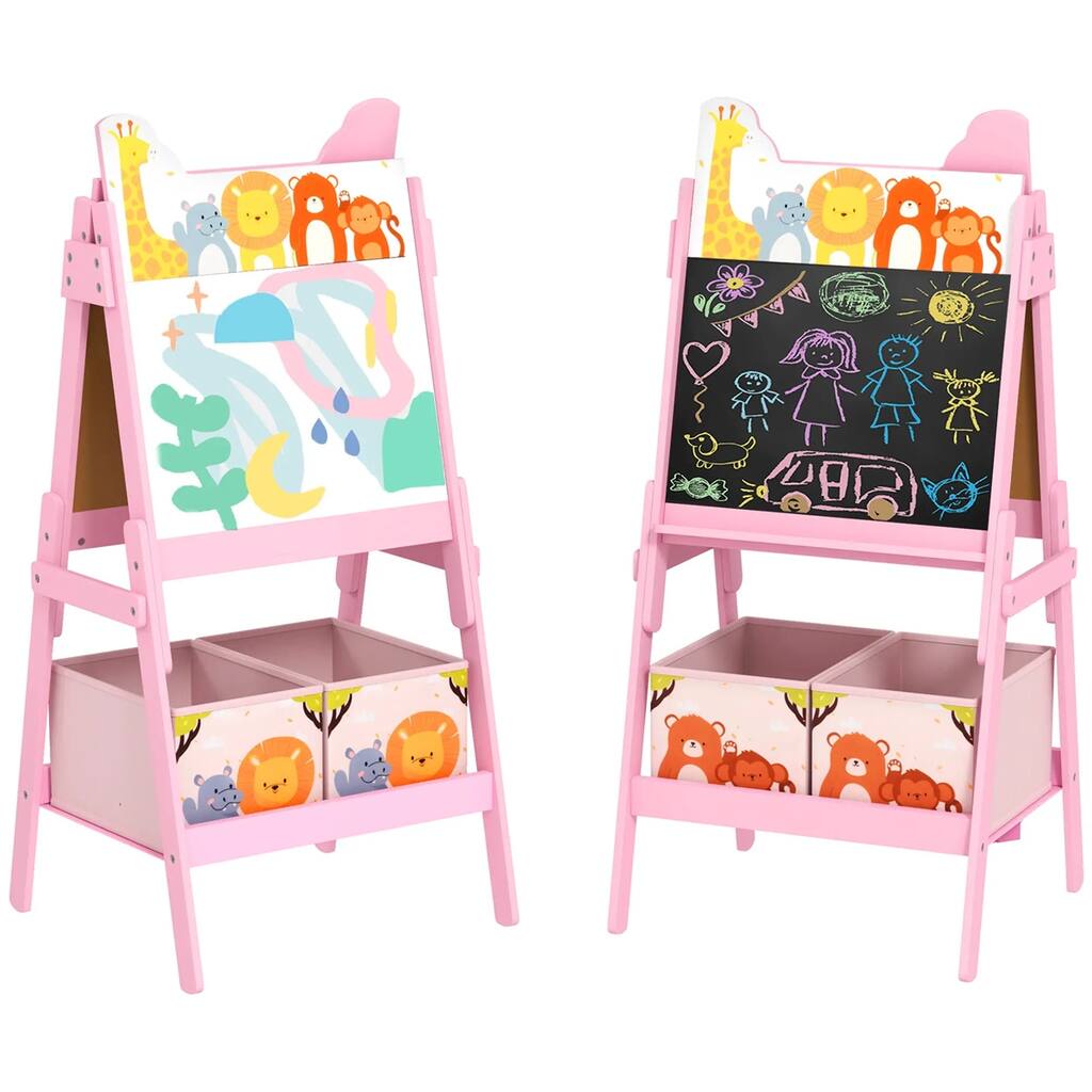 Dual-Function Kids Art Easel with Blackboard Whiteboard Storage Boxes Cute Pattern Design - 21.1" L x 19.3" W x 44.5" H