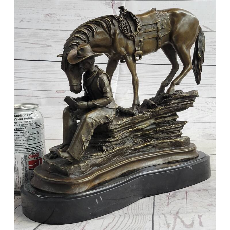 Cowboy Reading A Book With Horse Bronze Metal Western Sculpture Statue Remington Decor 11 Inches X 13 Inches