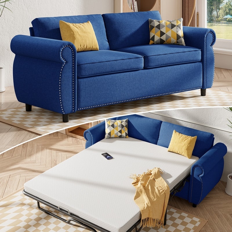 Mixoy Full/Queen Size Pull Out 2 in 1 Sleeper Sofa Bed with Mattress,Convertible Upholstered Loveseat with Nailhead - Queen Size - Blue