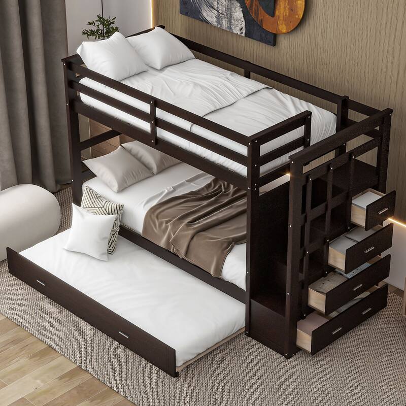 Twin Over Twin Bunk Bed with Trundle and Staircase, Espresso Finish