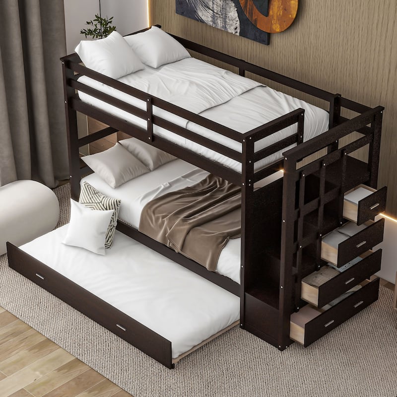 Twin Over Twin Bunk Bed with Trundle and Staircase,Espresso(OLD SKU:LT000068AAP)