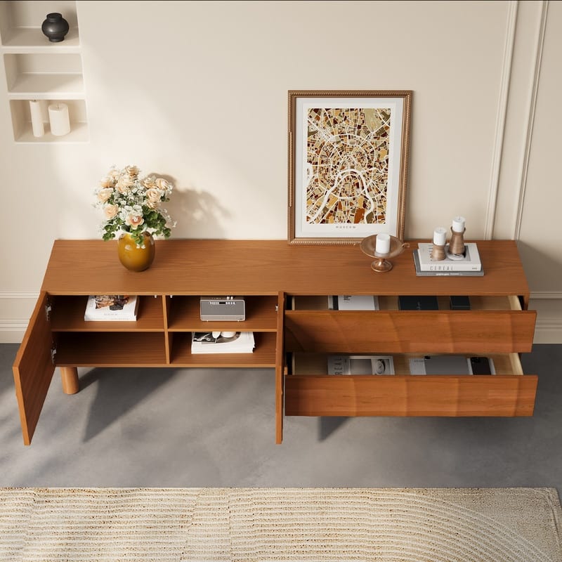 71"Mid Century Brown Wood TV Stands, Solid Wood Media Console With 2 Drawers & Cabinets