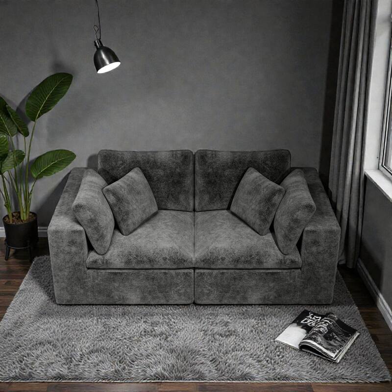 78.8" Modular Sectional Sofa, No Assembly Upholstered Couch with Plush Corduroy Fabric, 2 Seat for Apartment - Grey