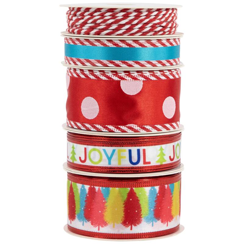 Set of 5 Polka Dots Matching Themed Craft Christmas Ribbons 1.5" x 3 Yards