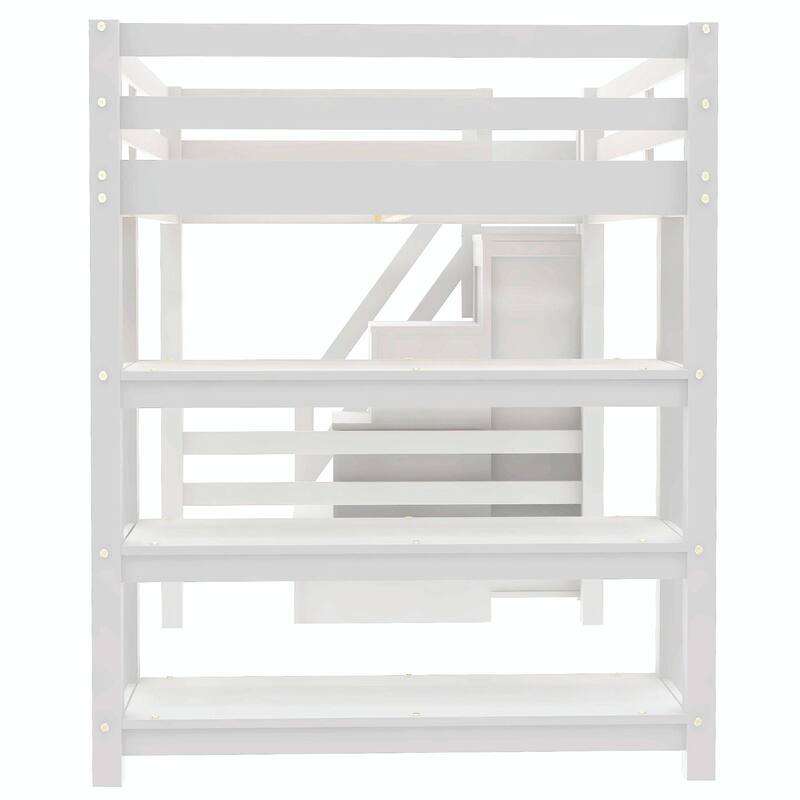 Loft Bed with Shelves, Storage Staircase, Small Wardrobe & White LED Light