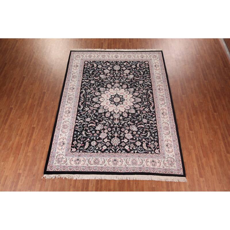 Black Floral Kashan Indian Area Rug Handmade Wool Carpet - 9'2"x 11'10"