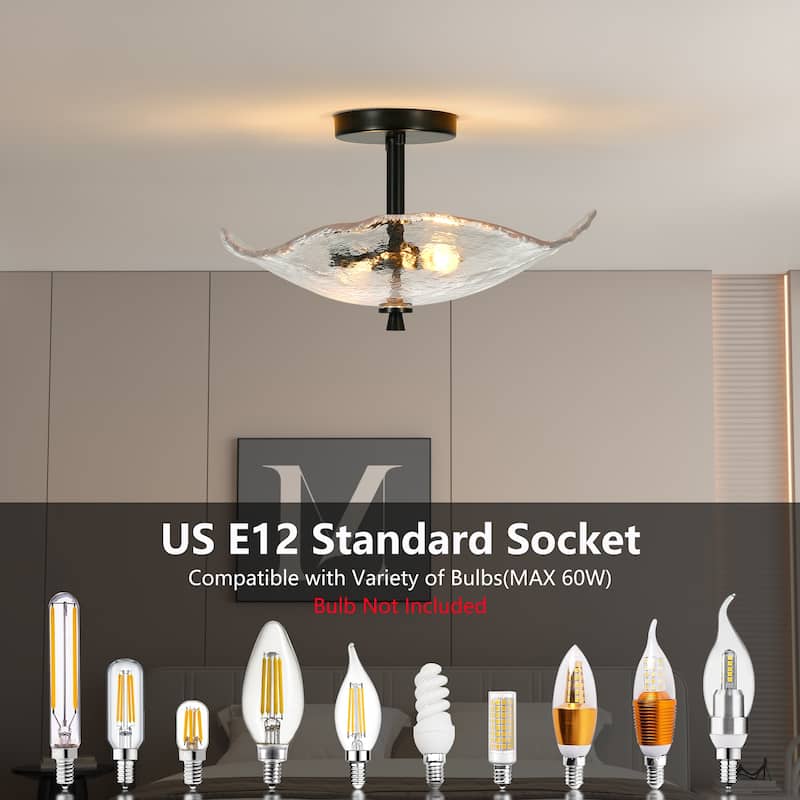 16.5" Glass Semi Flush Mount Ceiling Light Fixture, 2-Lights Close to Ceiling Light, Modern Ceiling Light Fixture