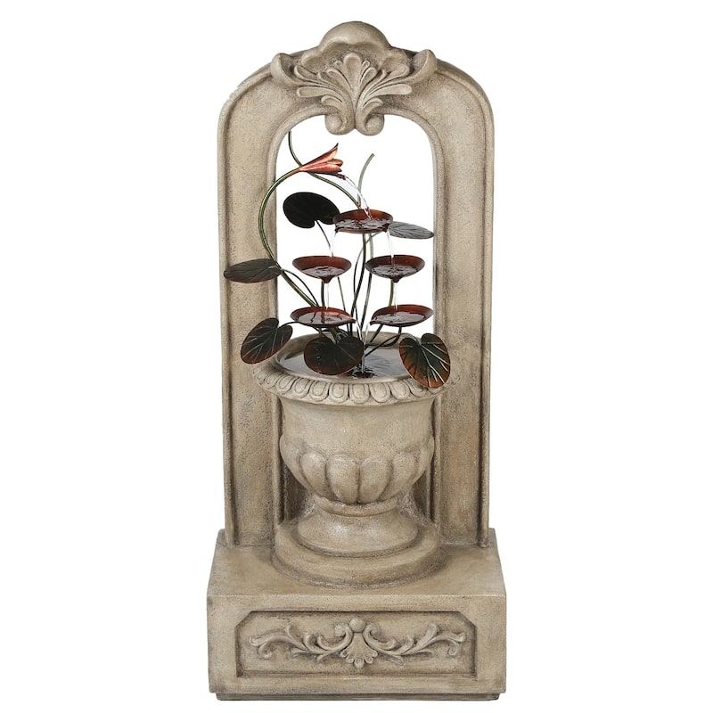 Arched 40.35-Inch H Cement Urn with Metal Flowers Outdoor Fountain - 40.35" Hx 18.11" W x 11.42" D