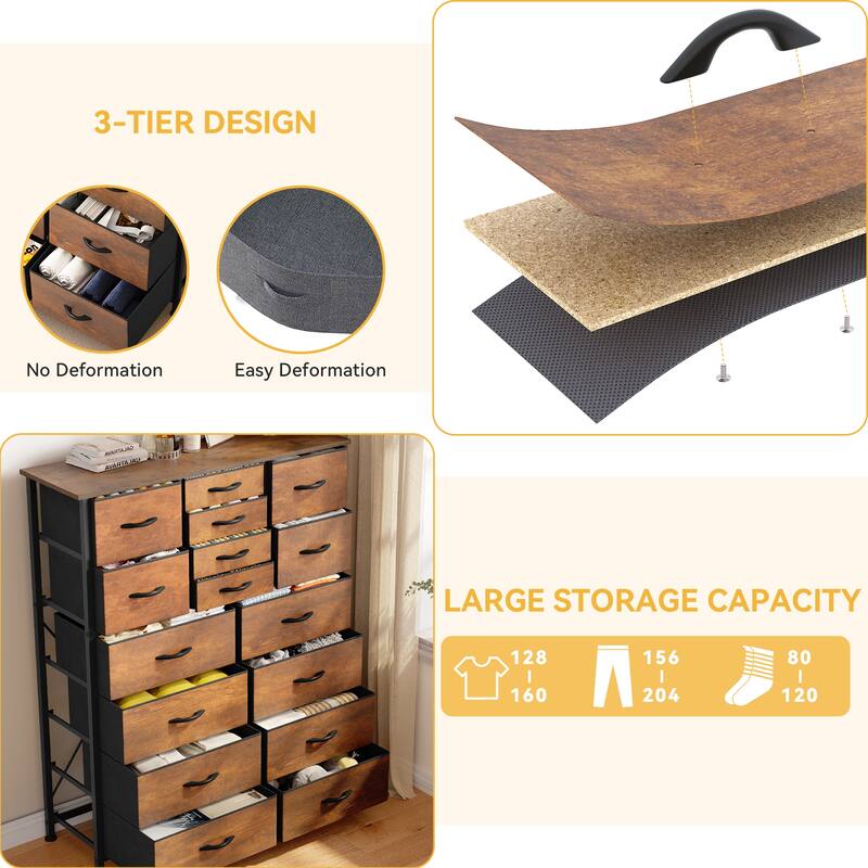 Moasis 16-drawer Dresser Chest with Metal Frame, Wood Tabletop