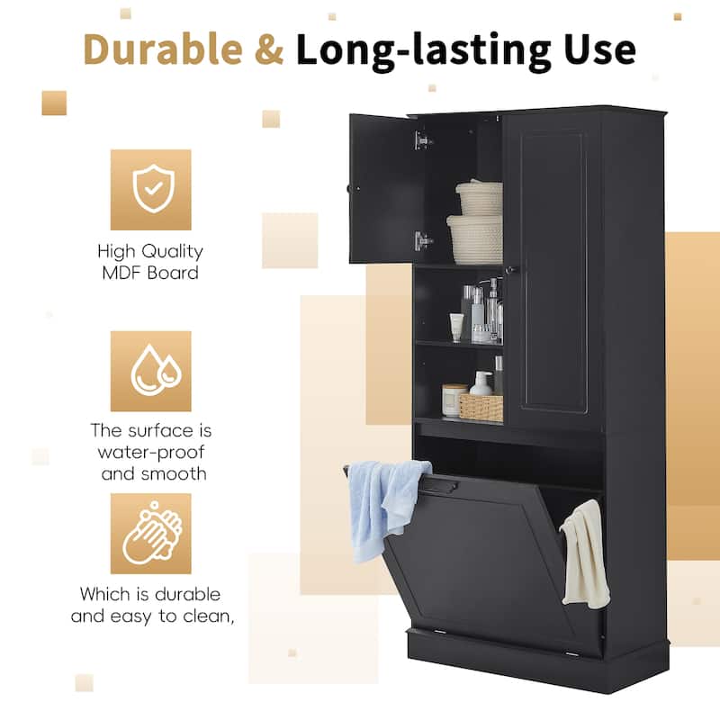 Tall Storage Cabinet with Adjustable Shelves and Flip-Out Basket, MDF Organizer with Enclosed Cabinets & Modern Handles