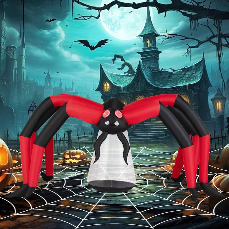 Black-Red Polyester Giant Inflatable Halloween Spider with LED Eyes and 10ft Wide - 123" x 51.5" x 59"