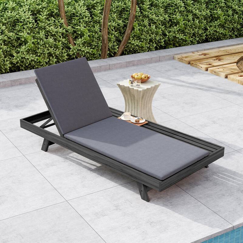 Outdoor Patio Acacia Wood Chaise Lounge Chair with Adjustable Backrest, Side Open Storage and Water-Repellent Cushions