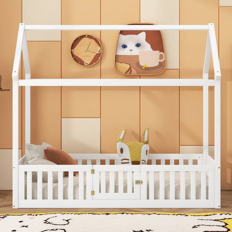 Twin/Full Size Wood House Bed with Fence, Door, and Roof for Children's Bedrooms, Small Space, No Box Spring Needed