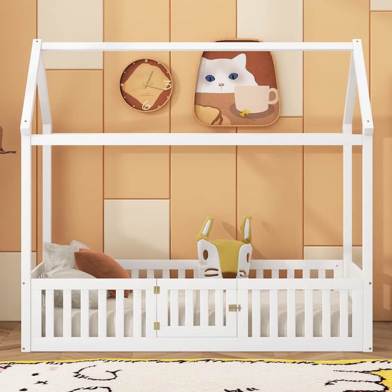 Twin Size Wood House Bed with Fence and Door, Wooden Bedframe w/Roof