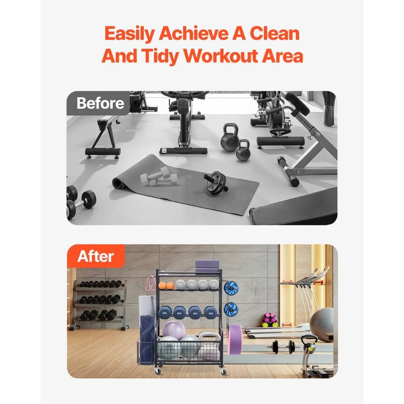 Black Steel Gym Rack with Wheels, Hooks and 4-Tier Storage Shelf - 40.6” L x 16” W x 38” H