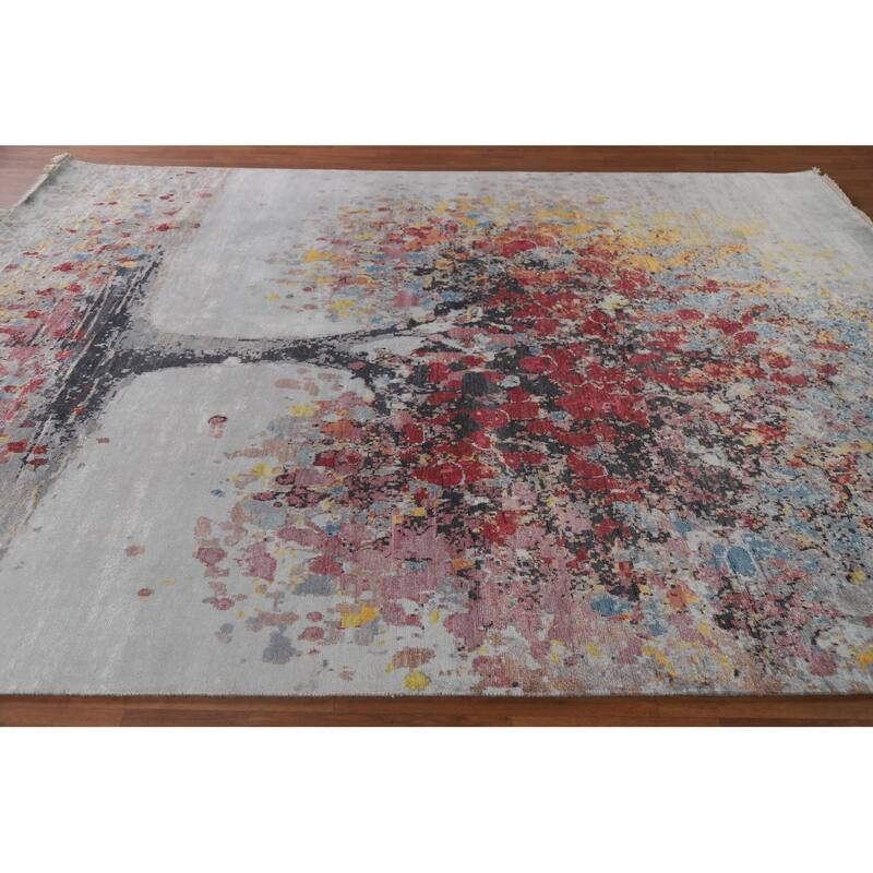 Hand Knotted Oriental 100% Silk Carpet Modern Floral Greys & Charcoal Abstract Area Rug - 10' 3'' X 8' 0''