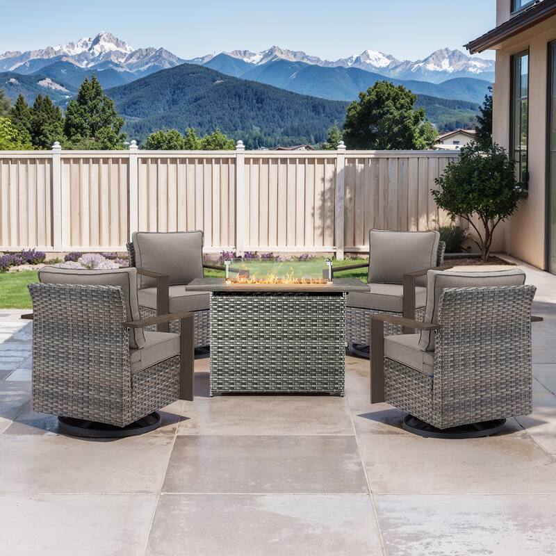 Pocassy 5 Pieces Outdoor Wicker Chair with Fire Table Set - Grey Wicker Gray Cushion - 5-Piece Swivel Chair with Rectangle Fire Table