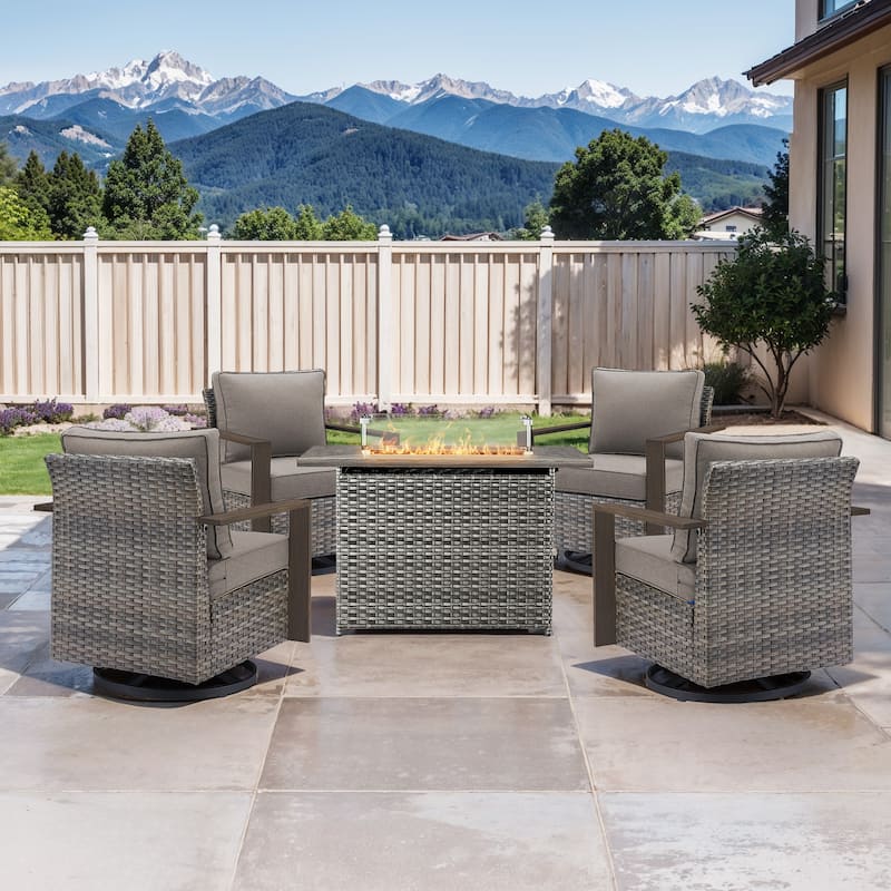 Pocassy Fire Pit Table with Outdoor Sofa Chair Ottoman Set - Grey Wicker Gray Cushion - 5-Piece Swivel Chair with Rectangle Fire Table