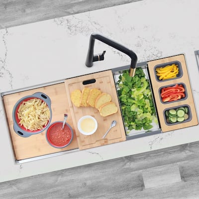 STYLISH 45 inch Ledge Workstation Single Bowl Undermount 16 Gauge Stainless Steel Kitchen Sink with Built in Accessories