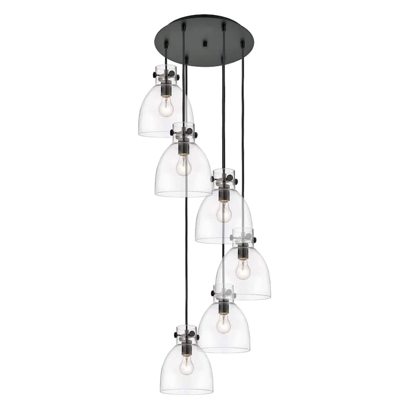 Innovations Lighting Newton Bell - 6 Light 8" Cord Hung Multi Pendant - 14" Canopy - Clear/Matte Black