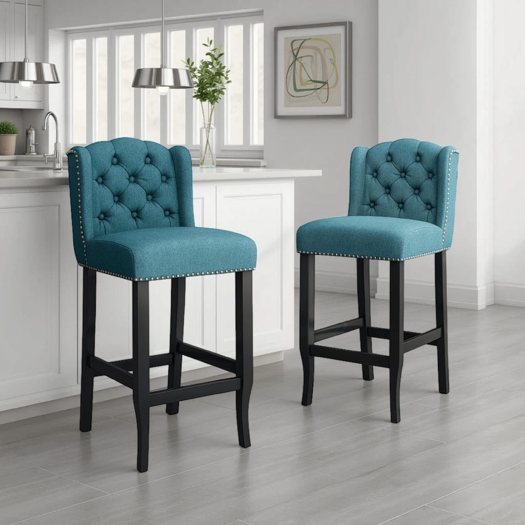 Seliva Counter Stool Chair Set of 2, Teal, Tufted Wingback, Brown Wood