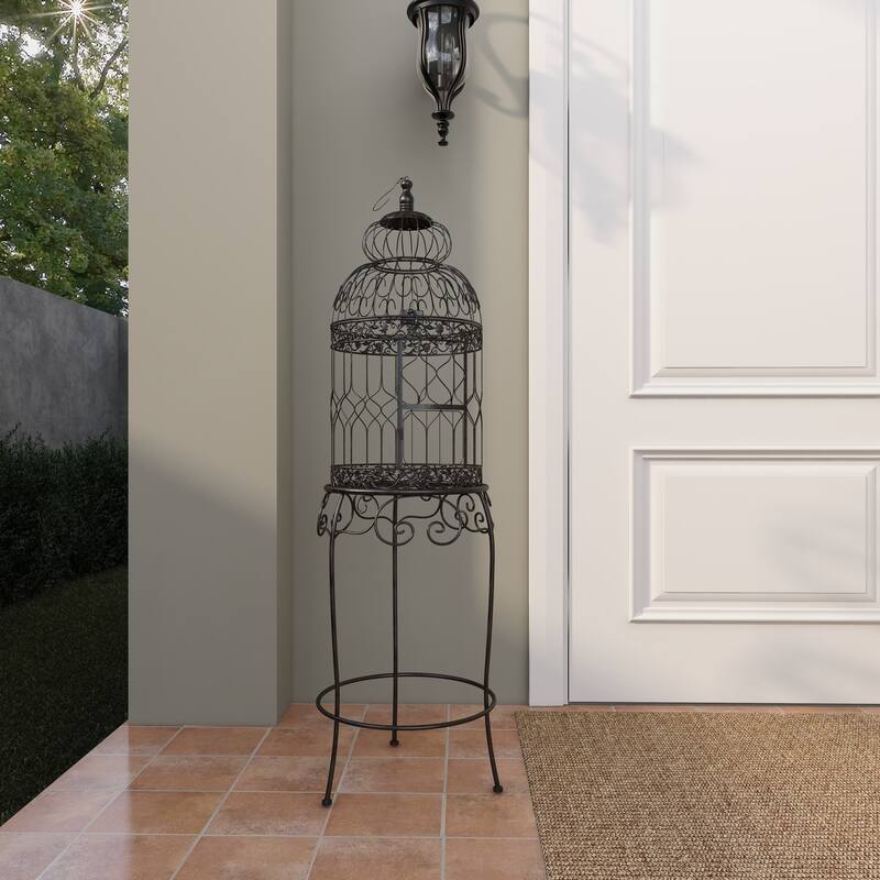 Black Metal Indoor Outdoor On Removable Stand Birdcage with Latch Lock Closure and Top Hook