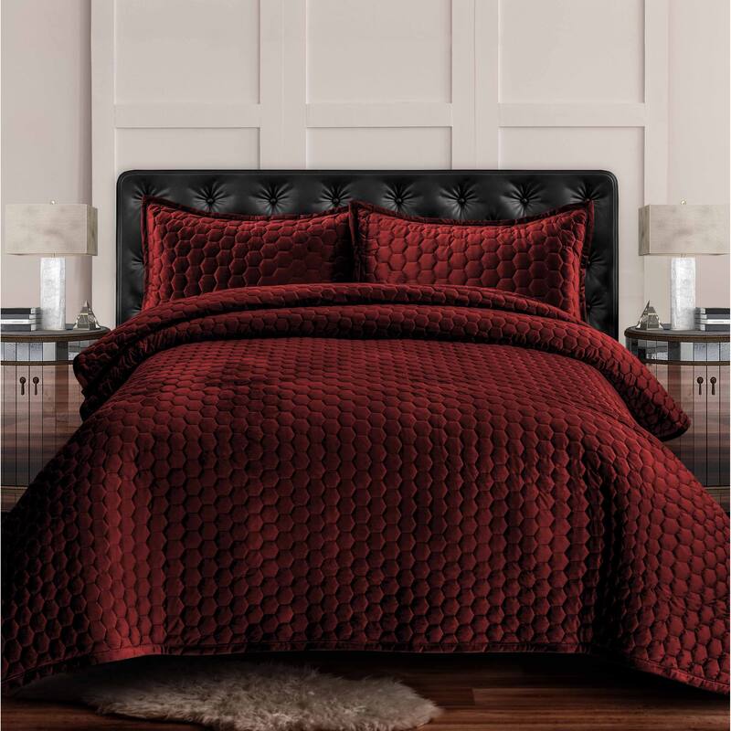 Lugano Honeycomb Velvet Oversized Solid Quilt Set - Burgundy - Queen