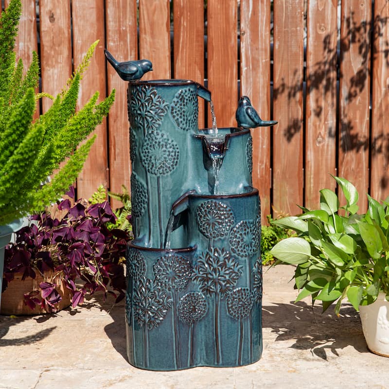 Glitzhome 27" H 4-Tier LED Ceramic Outdoor Floor Fountain with Birds, Cobalt Blue Turquoise Dandelion Texture Vase-Shaped