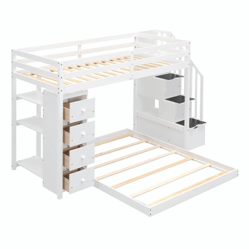Twin Over Full Bunk Bed with 3-layer Shelves, Drawers, and Storage Stairs