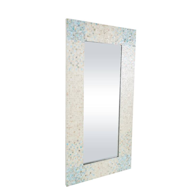 Cream Mother of Pearl Shell Handmade Mosaic Room Wall Mirror with Blue Corners