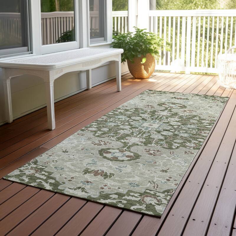 Machine Washable Indoor/ Outdoor Traditional Savannah Chantille Rug - Olive - 2'3" x 7'6"