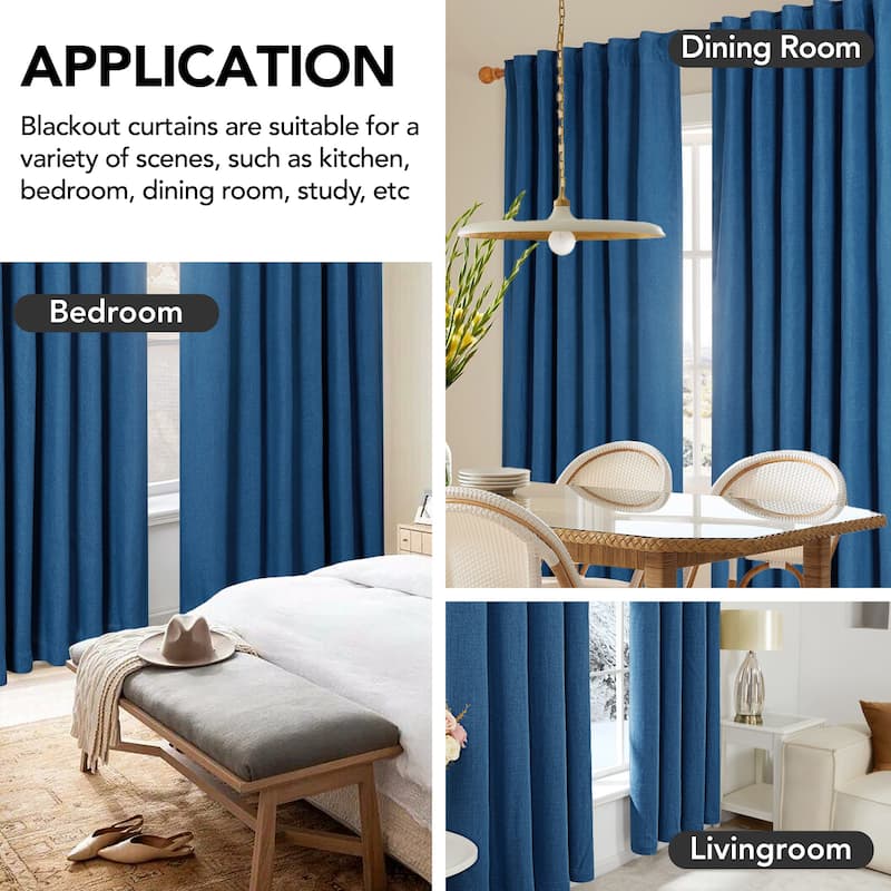 Living Room Curtains Back Tab Rod Pocket Faux Linen Blackout 2 Panels