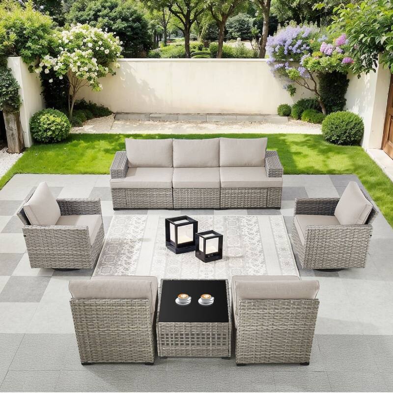 Pocassy Outdoor Sectional Sofa Patio Furniture Sets with Thickened Cushions - Beige Cushion - Sofa with Swivel Chairs Table Combination 8