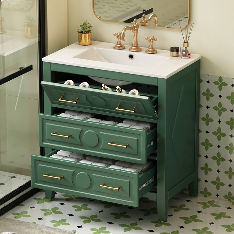 30" Bathroom Vanity with Ceramic Sink Combo and 3 Drawers