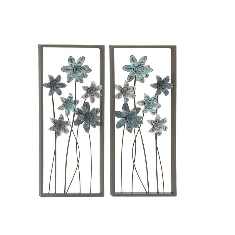 Teal Metal Floral Home Wall Decor with Black Frames and Gold Accents (Set of 2)