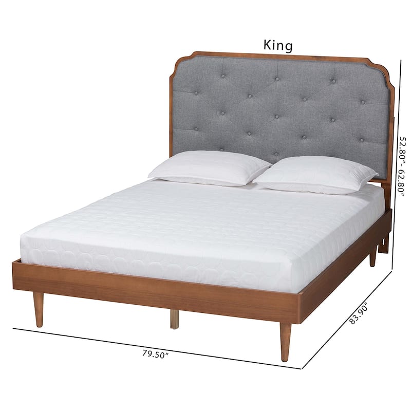 Garron Mid-Century Modern Grey Fabric and Walnut Brown Wood Queen Size Platform Bed