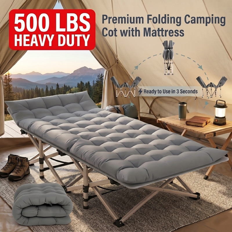 75 Inch Heavy-Duty Folding Bed, 10-Leg Design for Stable Support, Portable Camping Bed with Side Pockets and Mattress