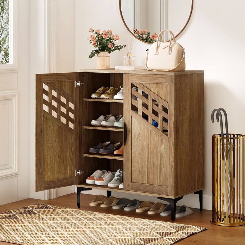 Gymax 4 Tier Shoe Cabinet w/ Doors Removable Shelves & Metal Legs for