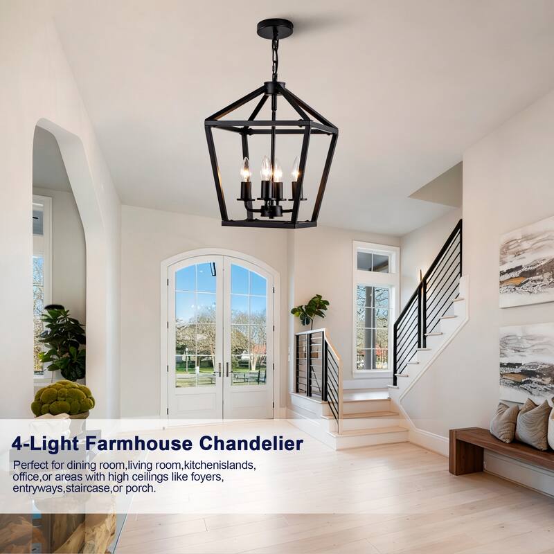 Farmhouse Lantern Chandelier 4-Light with Rustic Open Cage and Adjustable Hanging Height