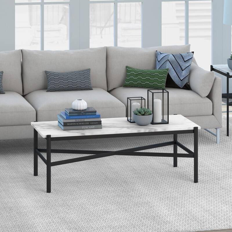 46 Inch Modern Faux Marble Coffee Table Rectangular Metal Base Accent for Living Room Decor - 46"L x 20"W x 16"H