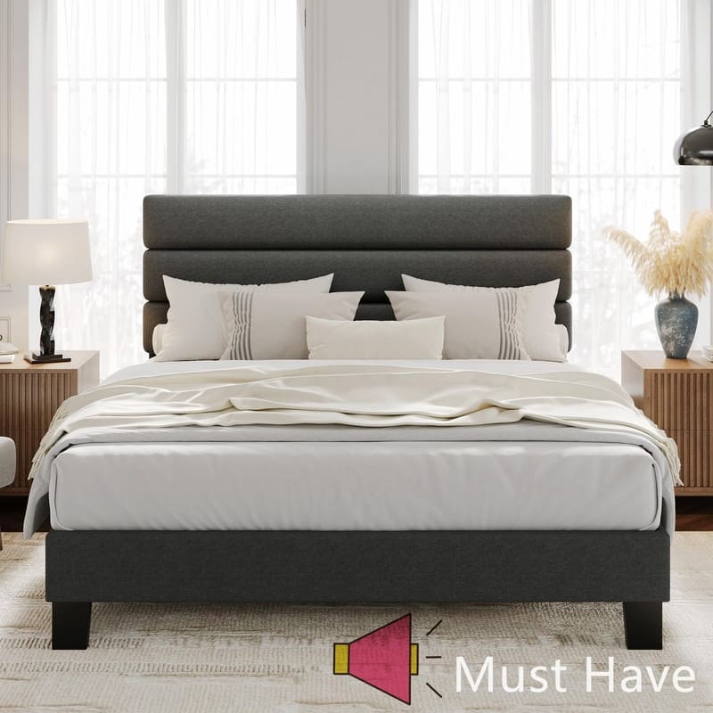 Platform Bed Frame with Adjustable Linen Headboard, Wood Slats