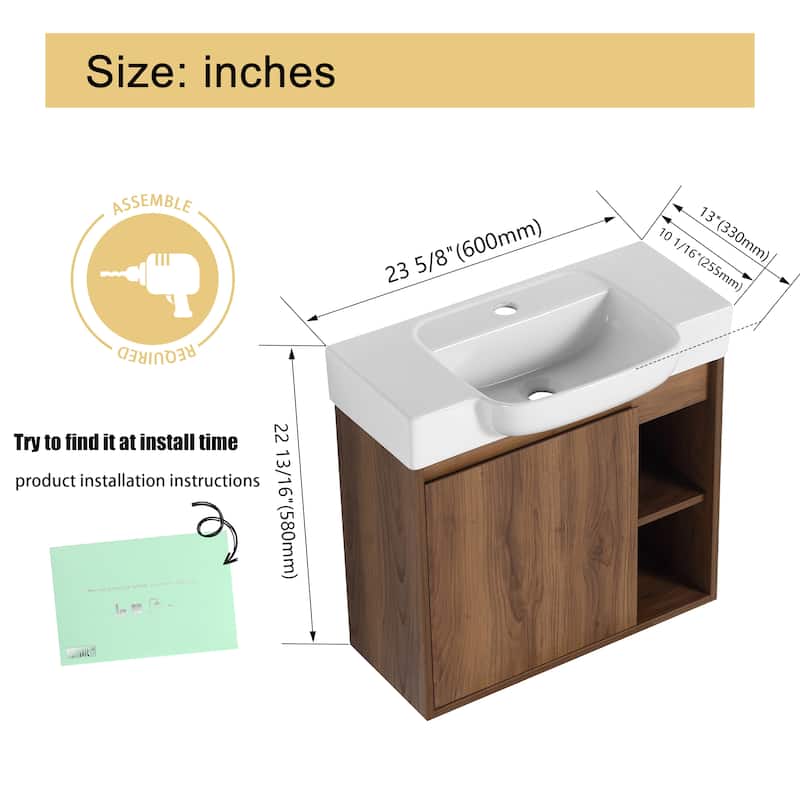 Malwee 24"/28" Floating Bathroom Vanity,Wall Mounted Bathroom Vanity with Ceramic Sink and Soft Close Door