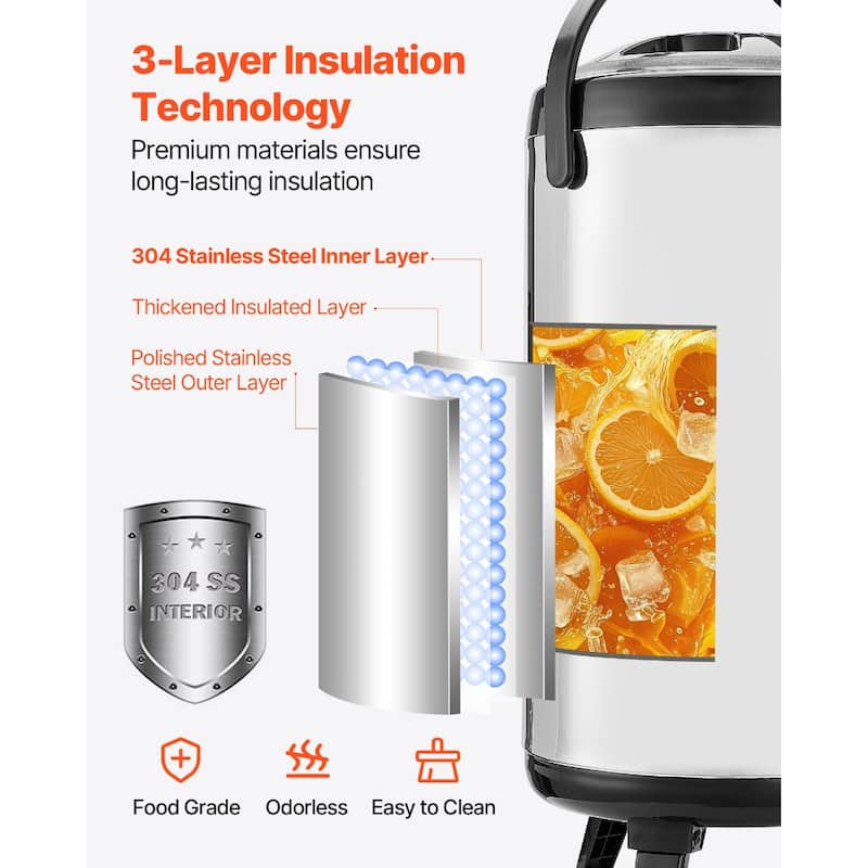 2.4 Gal Stainless Steel Insulated Beverage Dispenser with Spigot for Hot Cold Drink Server - 9.45 x 9.45 x 21.06 inch